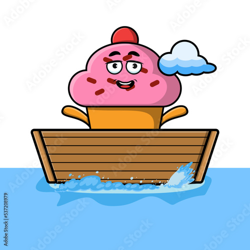 cute cartoon Cupcake get on boat in vector character illustration