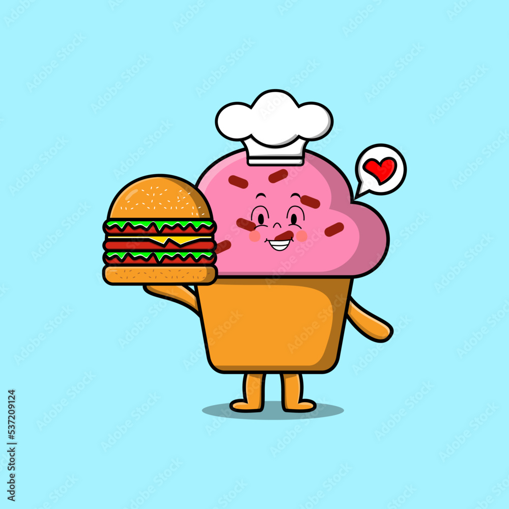 Cute cartoon Cupcake chef character holding burger in flat cartoon style illustration Cute cartoon Cupcake chef character holding burger in flat cartoon style illustration