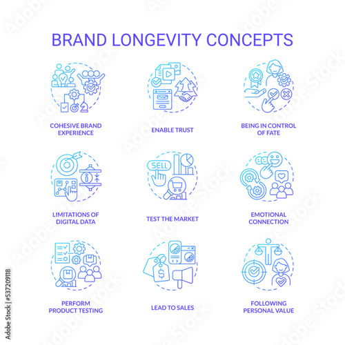 Brand longevity and service quality blue gradient concept icons set. Business development idea thin line color illustrations. Isolated symbols. Roboto-Medium  Myriad Pro-Bold fonts used