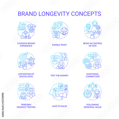 Brand longevity and service quality blue gradient concept icons set. Business development idea thin line color illustrations. Isolated symbols. Roboto-Medium, Myriad Pro-Bold fonts used