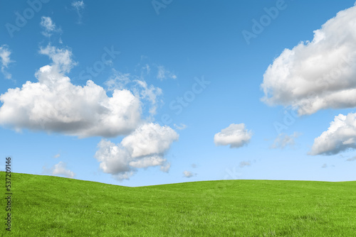 Green grass field and blue sky with clouds  aesthetic nature background. Idyllic grassland  summer or spring landscape  green countryside fields  blue sky cloudy  bright environmental nature