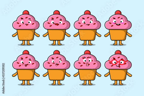 Set kawaii Cupcake cartoon character with different expressions cartoon face vector illustrations