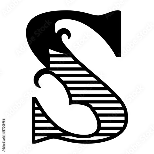 Letter S logo. Capital letter S with swirls and line hatching. Elegant logo, family, name monogram. Retro vintage style. Business card decoration, tag with first or last name symbol. Vector icon