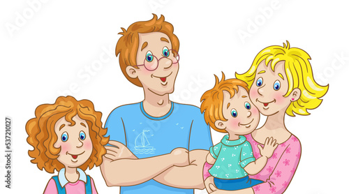 Portrait of a happy young family. Mother, father and two children. In cartoon style. Isolated on white background. Vector illustration.