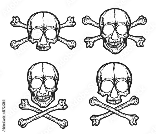 Set of isolated human skulls with bones silhouettes. Hand drawn black and white skulls illustration. Tattoo or print design.