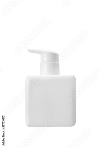 White plastic square bottle with pump dropper, used for liquid soap, shampoo and lotion isolated on white background