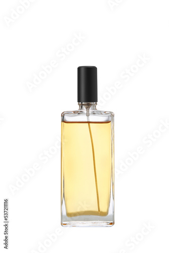 Perfume in Transparency glass bottle with black cap isolated on white background