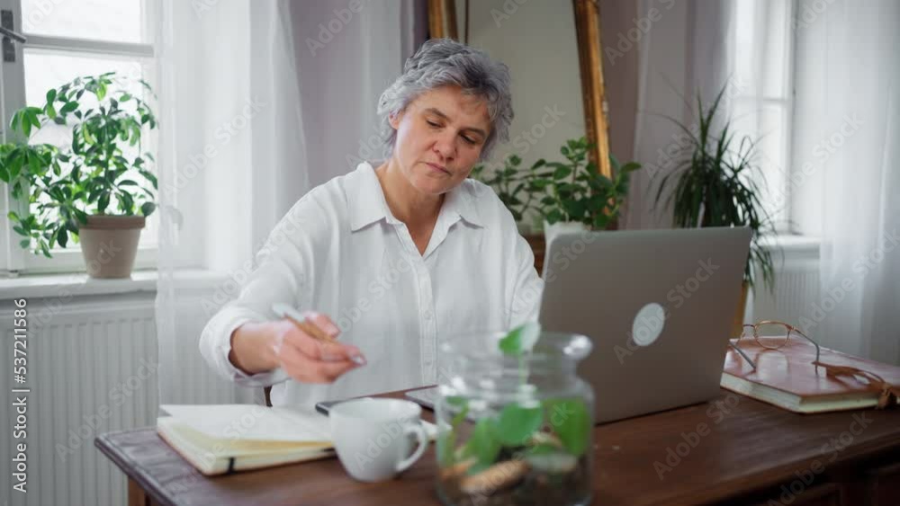 Mature woman having an online meeting in her home office, using laptop. Mature woman having an online meeting in her home office, using laptop.