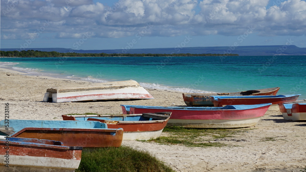 boats on the beach of Malecon de Pedernales Playa Pedernales in the Dominican Republic in the month of January 2022