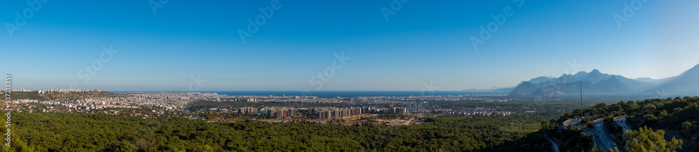 Panorama of the whole city of Antalya, Turkey. Sea and mountain view, super resolution.