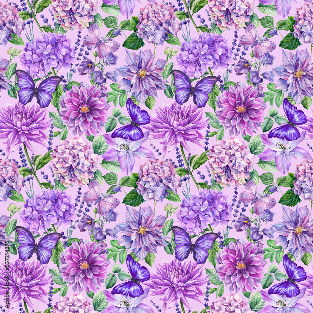 Watercolor leaves and flowers, botanical illustration. Violet Floral seamless pattern.