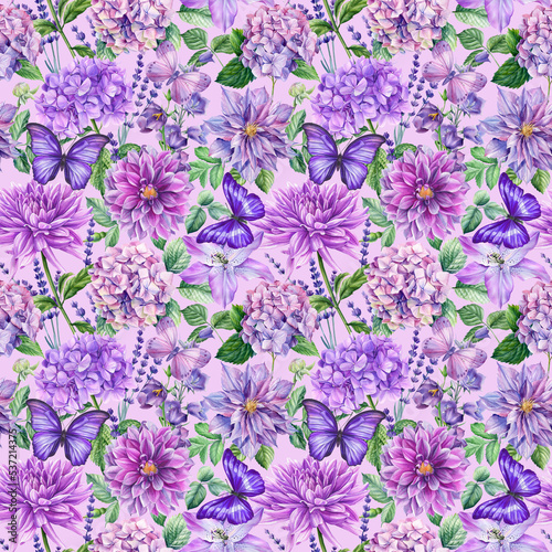 Watercolor leaves and flowers, botanical illustration. Violet Floral seamless pattern.