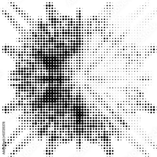 A six-axis dotted halftone mandala with the upper right quadrant lightened. Contour of dots, polka dots, blots, spots, slicks, strokes. Space for copy text. Vector.