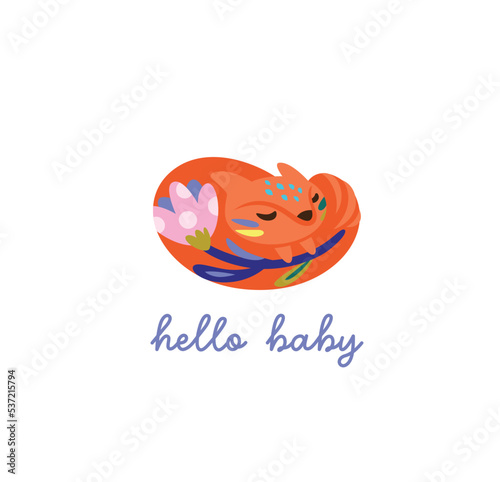 Sweet orange sleeping fox character with flower inside. Vector illustration