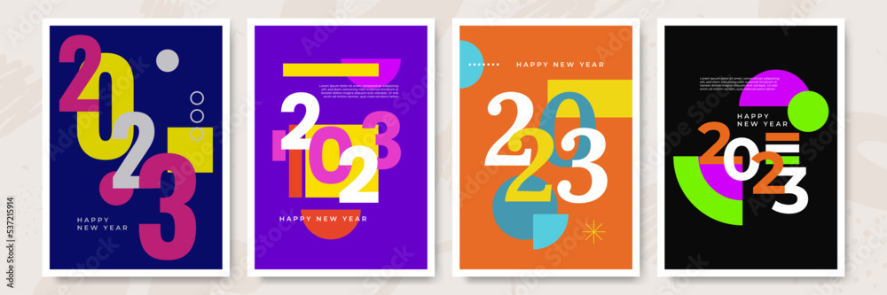Happy New Year 2023 posters collection in flat style. Greeting card template with colourful graphics and typography. Creative concept for banner, flyer, cover, social media. Vector illustration. Happy New Year 2023 posters collection in flat style. Greeting card template with colourful graphics and typography. Creative concept for banner, flyer, cover, social media. Vector illustration.