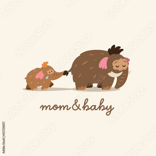 Mother mammoth with baby following her. Cartoon logotype. Vector illustration