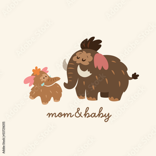 Happy mother mammoth with her baby. Cartoon logotype. Vector illustration