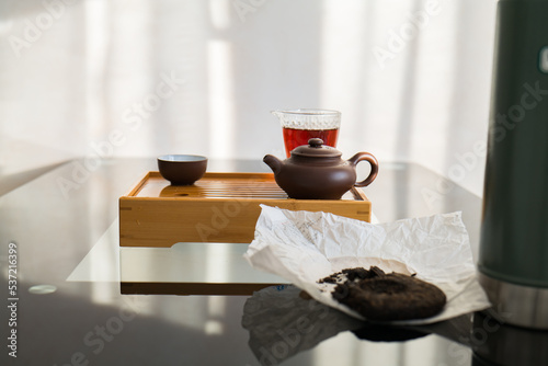 Puer tea ceremony. GUn Fu Cha. Chinese tea ceremony. traditional tea utensils. dark shu pu-erh