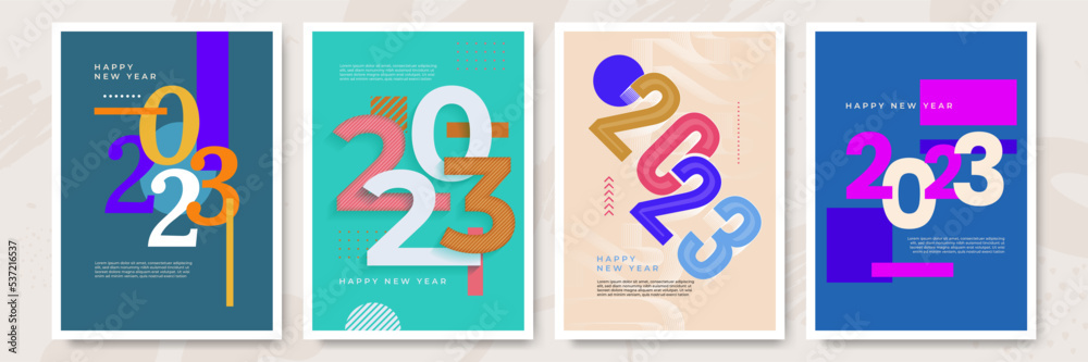 2023 Colorful of Happy New Year posters. Abstract design with typography style. Vector logo 2023 for celebration and season decoration, backgrounds for branding, banner, cover, card and more
