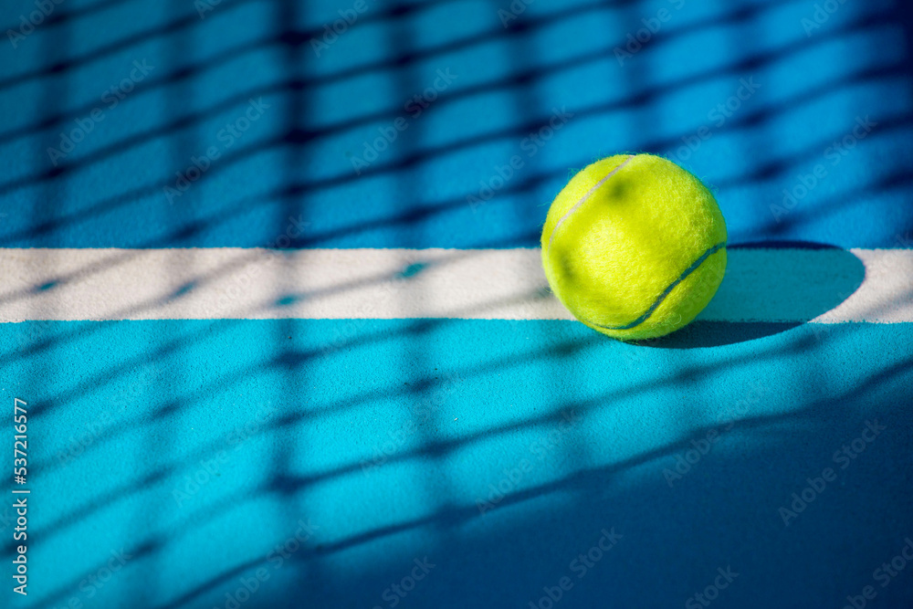 a tennis ball lies on a white marking on a blue hard court