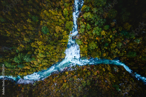 Top view on a flowing forest river in Mrtvica canyon in Montenegro