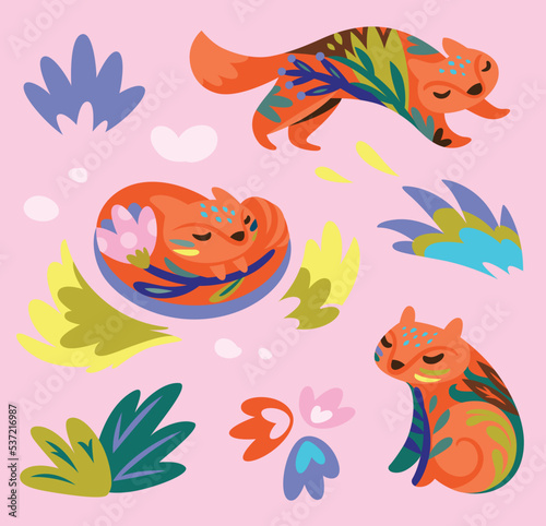 Set of cute foxes with floral elements. Vector illustration