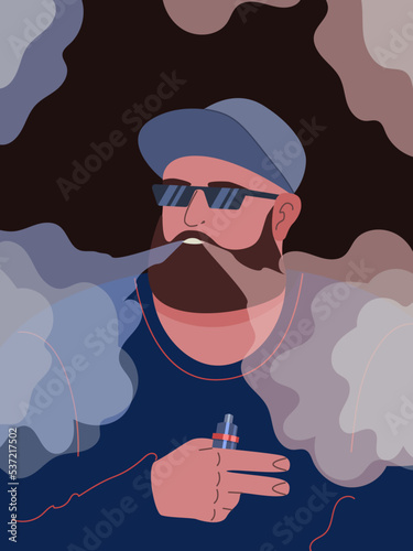 A man with a beard in a cap holds an electronic cigarette and lets off steam. Vaping, smoking. Vapes and an electronic vaporizer. Vector illustration