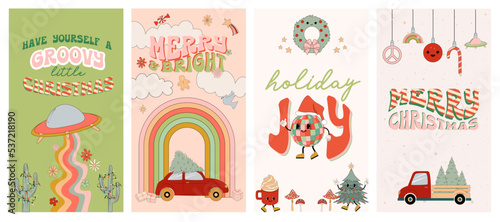 Christmas groovy social media temlate with hippie elements and charactres. Editable vector illustration.