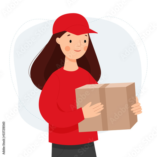 A female courier in a red uniform carries a cardboard box. The woman delivers a package. Vector flat illustration.