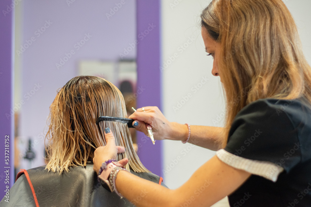 Hairdresser cutting the hair of a blonde woman. Hairdresser cutting the hair of a blonde woman.