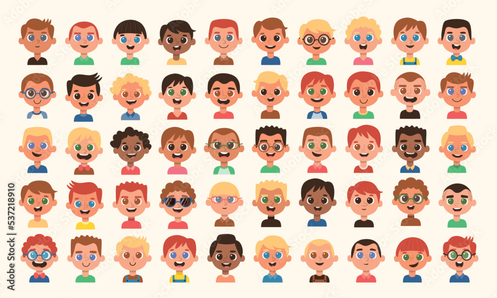 Cute Children avatar collection. 50 boys avatar. Diverse hair color and styles, eyes and skin color, noses and mouth shapes, clothing and accessories. Cute Children avatar collection. 50 boys avatar. Diverse hair color and styles, eyes and skin color, noses and mouth shapes, clothing and accessories.