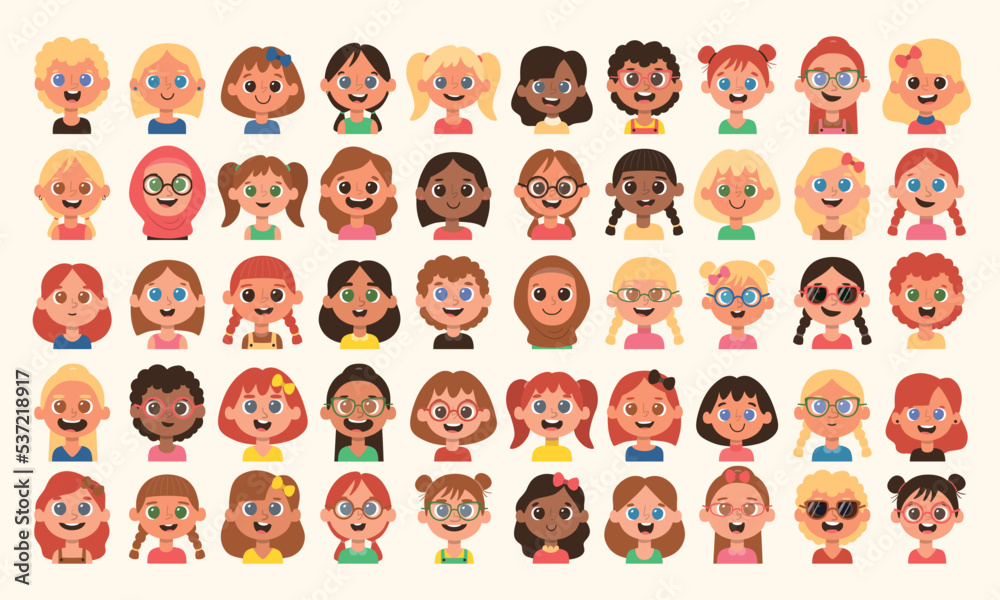Cute Children avatar collection. 50 girls avatar. Diverse hair color and styles, eyes and skin color, noses and mouth shapes, clothing, and accessories. Cute Children avatar collection. 50 girls avatar. Diverse hair color and styles, eyes and skin color, noses and mouth shapes, clothing, and accessories.