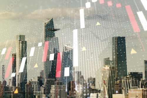 Abstract creative financial graph interface and world map on New York city skyline background, forex and investment concept. Multiexposure
