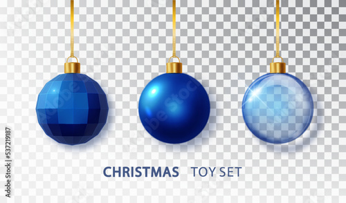 Blue Christmas tree balls set with isolated on transparent background. Realistic hanging blue christmas balls. Xmas holiday celebration decor
