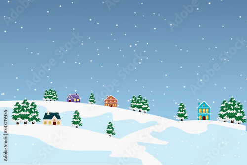 Winter landscape background. snowy day with fir trees, coniferous forest, house, snowfall, Forest landscape for winter holidays and new year. Holiday winter landscape. Christmas vector background.