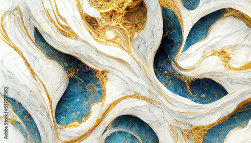 Abstract luxury marble background. Digital art marbling texture. Blue, gold and white colors