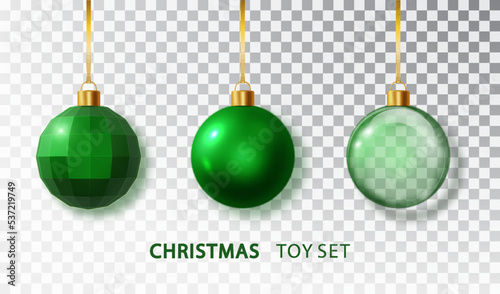 Green Christmas tree balls set with isolated on transparent background. Realistic hanging green christmas balls. Xmas holiday celebration decor