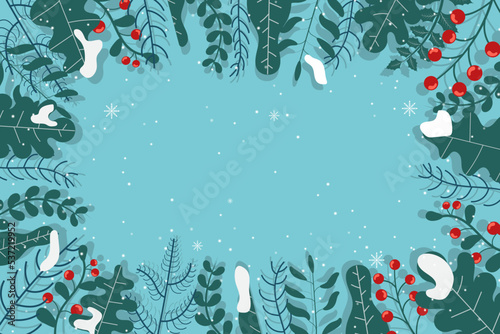 Christmas composition. Christmas decor, pine cones, fir branches and showflakes on green background. Flat lay, top view, copy space.