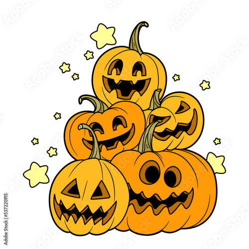 Mountain of Halloween pumpkins lanterns with the cut out of a grin color variation for coloring page isolated on white