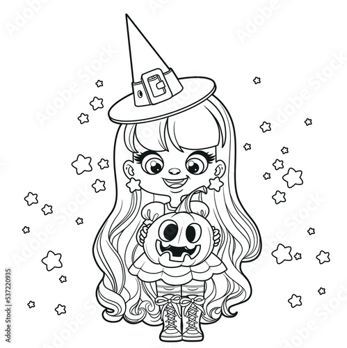 Cute cartoon long haired girl in a Halloween witch costume with pumpkin outlined for coloring page on white background