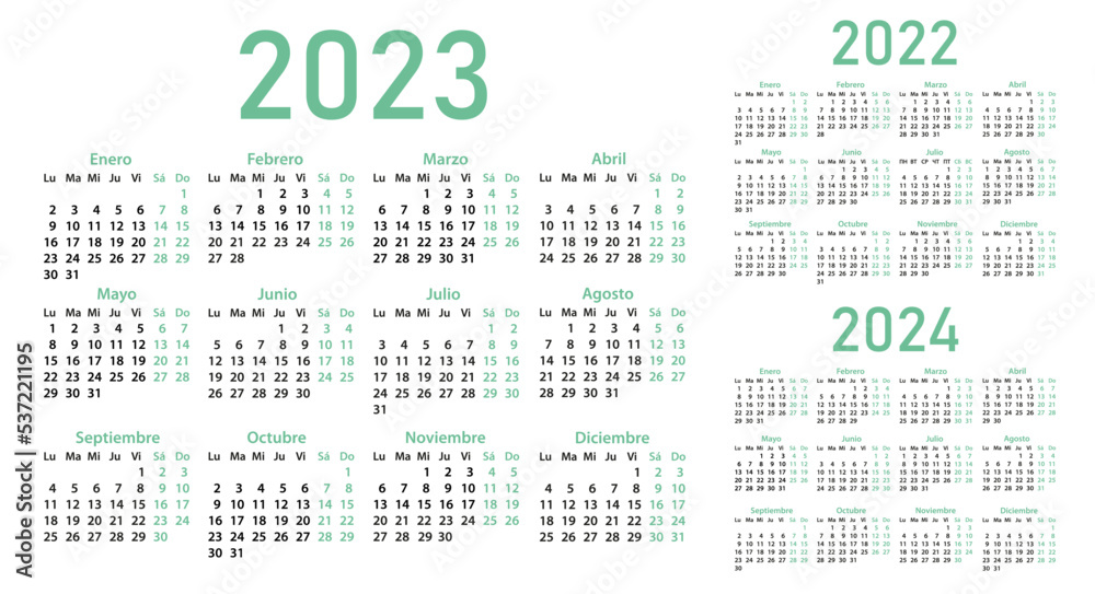 Calendars in Spanish for 2022, 2023, 2024 on a white background. Calendar grids, pocket calendar. Vector illustration. The week starts on Monday. Vector illustration. Calendars in Spanish for 2022, 2023, 2024 on a white background. Calendar grids, pocket calendar. Vector illustration. The week starts on Monday. Vector illustration.