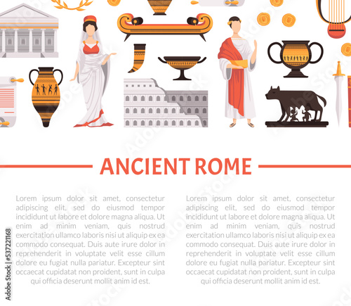 Ancient Rome Poster Design with Man and Woman in Traditional Wear and Attributes Vector Template