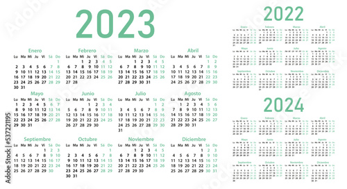 Calendars in Spanish for 2022, 2023, 2024 on a white background. Calendar grids, pocket calendar. Vector illustration. The week starts on Monday. Vector illustration.
