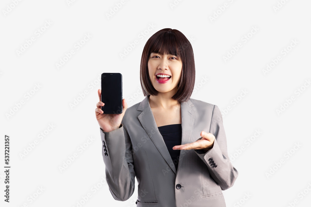 Young asian businesswoman shot hair syle showing blank black screen smartphone on white background. Young asian businesswoman shot hair syle showing blank black screen smartphone on white background.