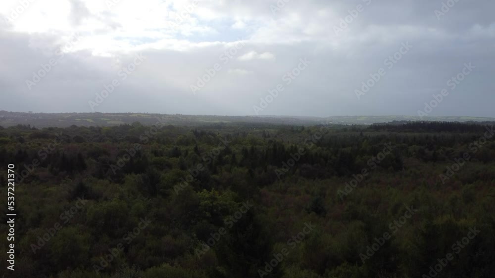 Forest with Reveal of Sorawling Countryside Landscape and Hazy Hills in Distance in South Wales UK - Rising Aerial Drone Footage 4K