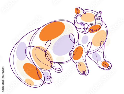 Fat and lazy cat line art vector illustration, linear drawing of pussycat relaxing, minimal outline sketch of cute domestic pet.