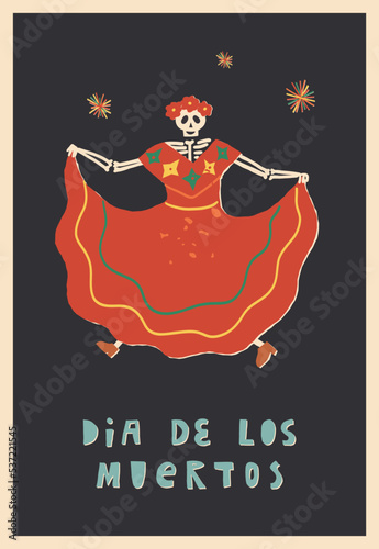 Dancing Catrina Calavera skeleton. Dia De Los Muertos Spanish lettering. The Day of the Dead holiday A5 greeting card