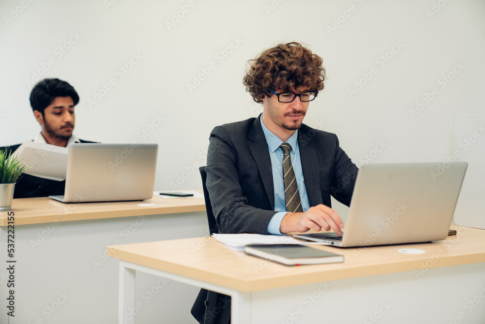 Confident businessman working on laptop at modern office.