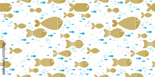 Funny cartoon fishes vector seamless background, cute childish pattern for children textile or wrapping paper or packaging for seafood products.