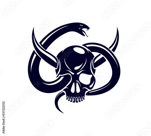 Horned skull with snake devil evil sign, vintage vector design of classic style crest, coat of arms, death and rebirth concept tattoo,